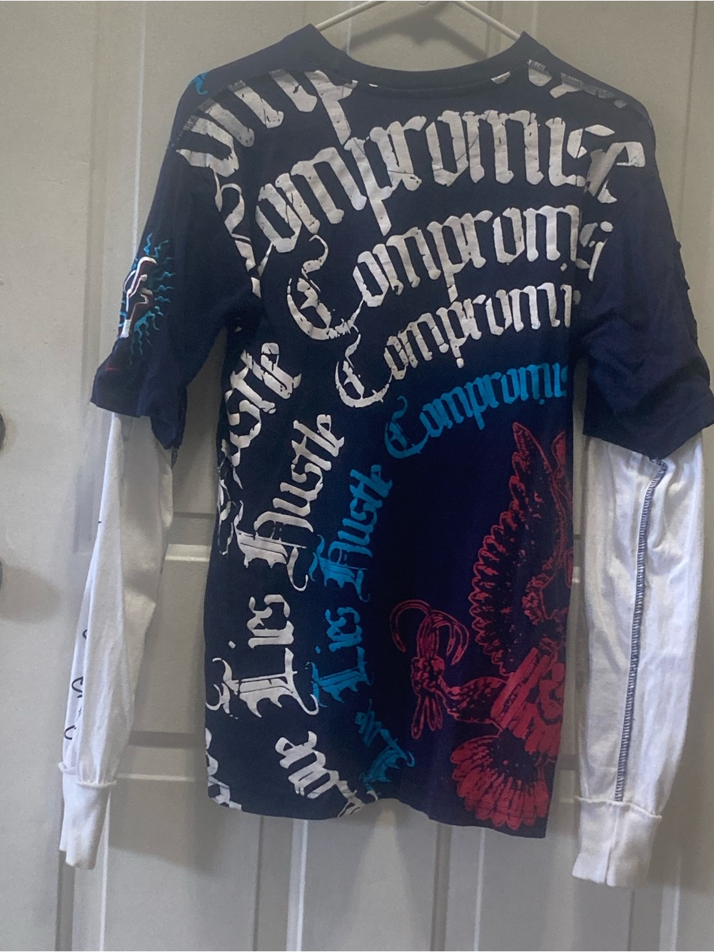 Black Label Black Long Sleeve Layered Tee with White, Blue & Red Graphics